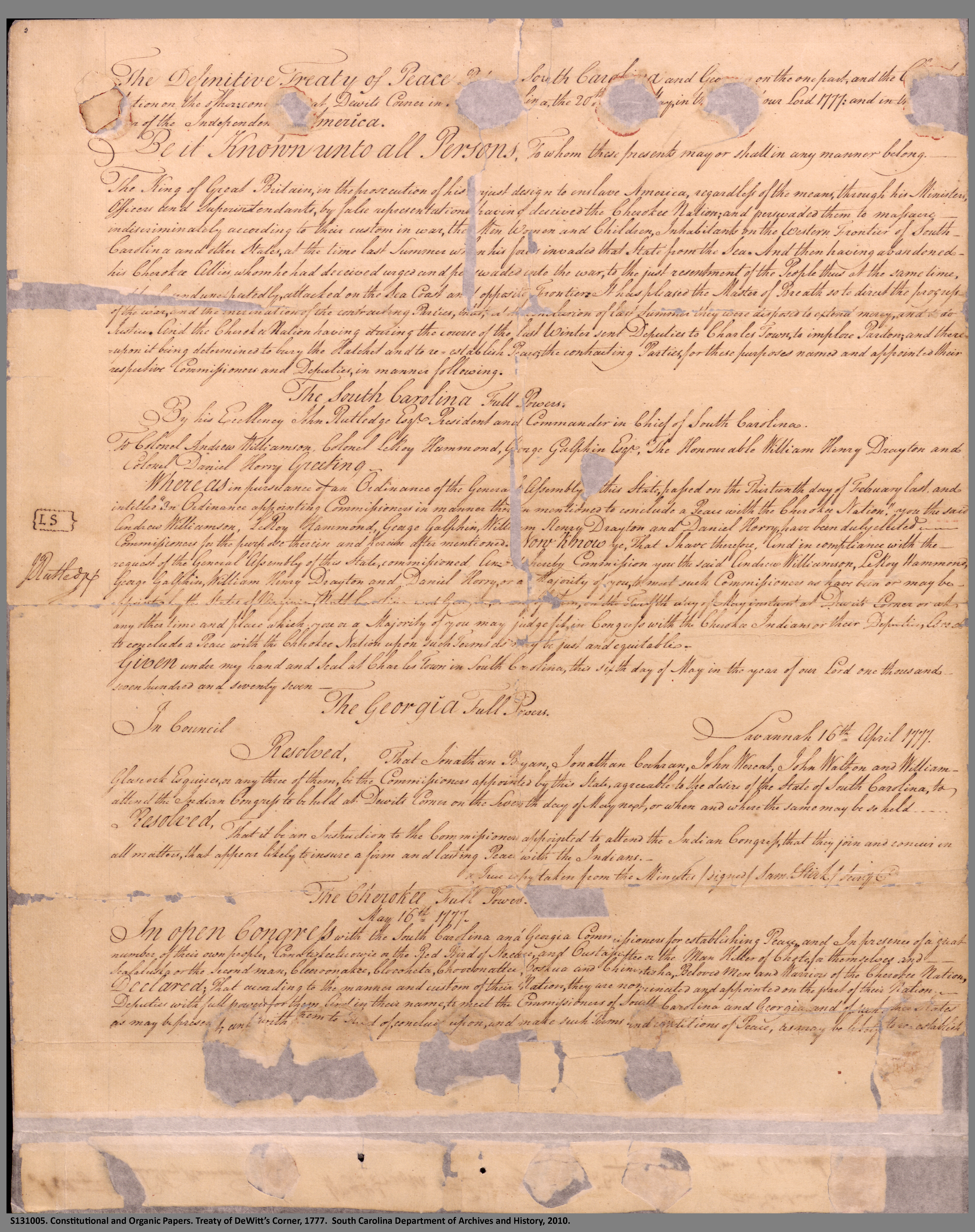 page 1 of the Treaty of Dewitt's Corner, transcription follows